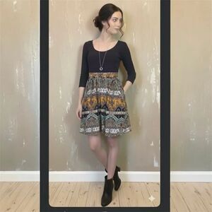 Maeve Anthropologie Black Boho Paisley Scoop Neck Half Sleeve Mini Dress Size 0P
